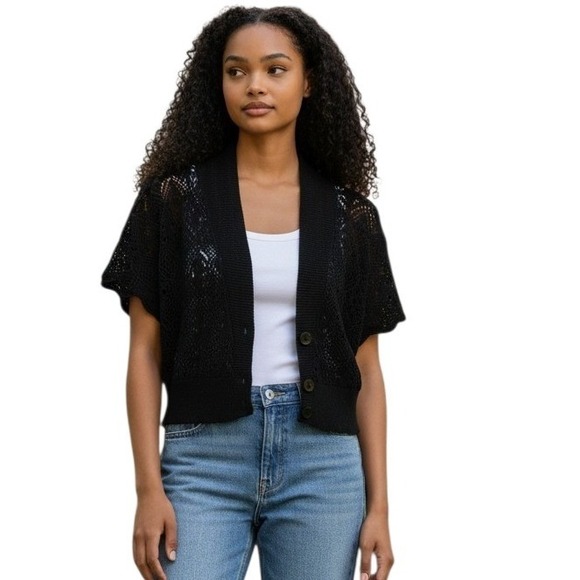Sag Harbor Sweaters - Sag Harbor Black Crochet Knit Short Sleeve Shawl Collar Cardigan Shrug Small